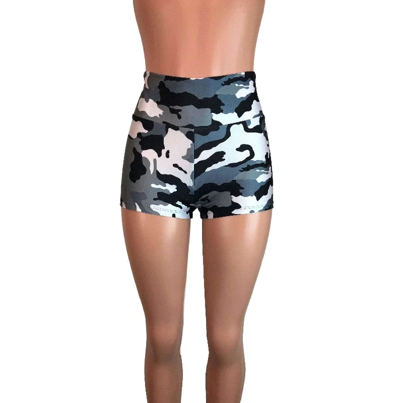 High Waisted Booty Shorts - Black & Gray Camo