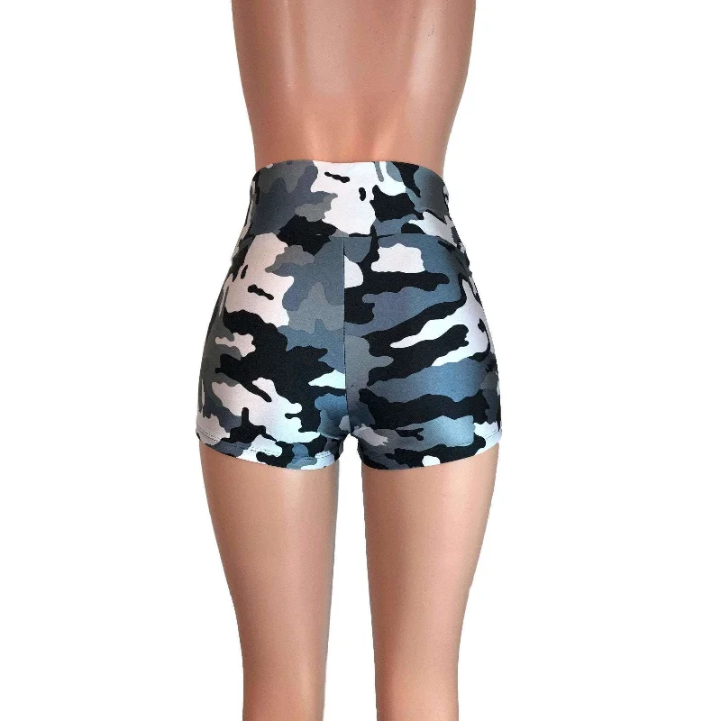 High Waisted Booty Shorts - Black & Gray Camo