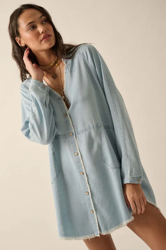 Blue Monday Raw-Edge Denim Mini Shirt Dress