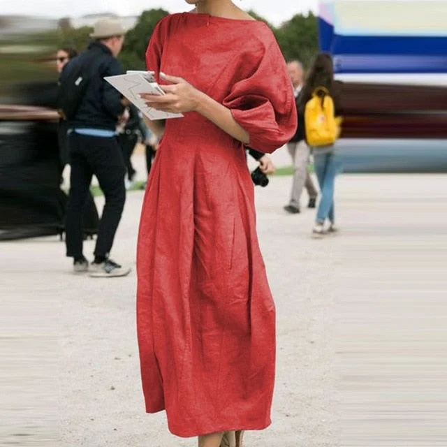 Elsvios Vintage Cotton Linen Pleated Dress Elegant Women Lantern Sleeve Party Dress Ladies Solid O Neck Maxi Long Dress Vestido