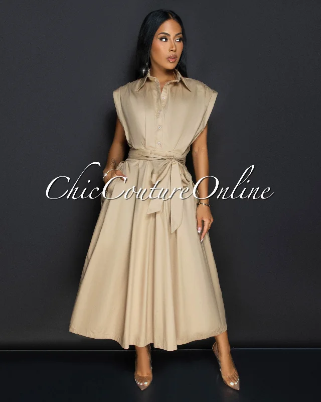 Ginevra Khaki Belted Midi Dress