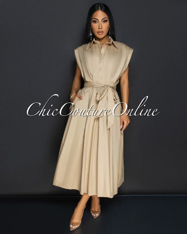 Ginevra Khaki Belted Midi Dress