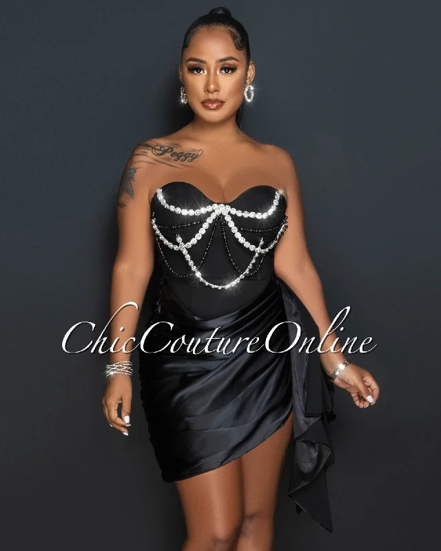 Janel Black Rhinestones Silky Draped Overlay Bodysuit Dress