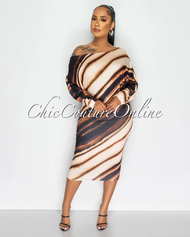 Karsa Brown Black Print Long Sleeves Midi Dress