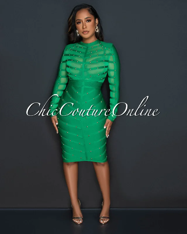 Lexey Green Mesh Bust Gold Studs Bandage Midi Dress