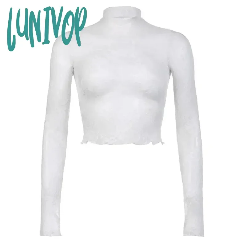 Lunivop Elegant Chic White Lace T-shirt Woman Vintage y2k Turtleneck Full Sleeve Transparent Crop Top Slim Fit Shirt Ladie