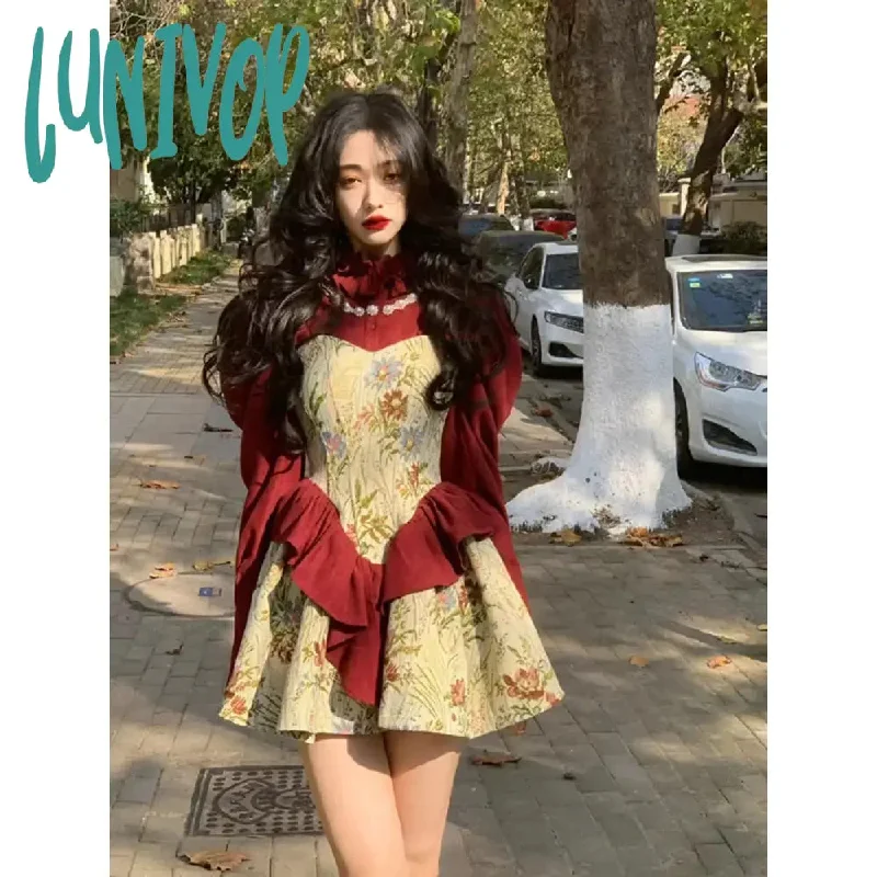 Lunivop Elegant Women Dress Vintage Fairy Princess Long Sleeve Christmas New Year Dresses One-Piece Evening Party New Korean Chic Robes