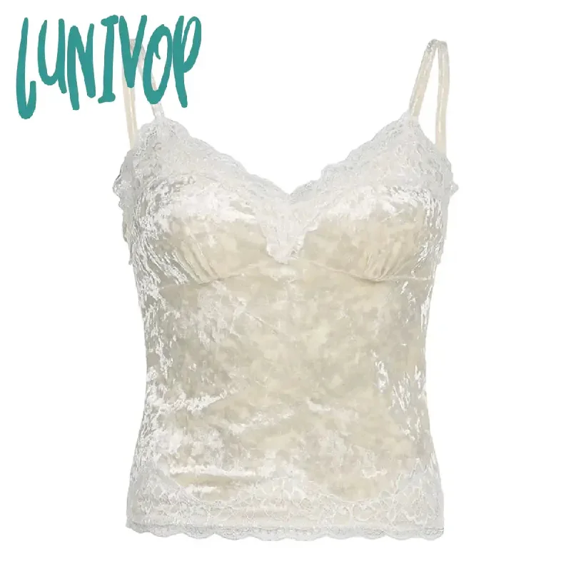 Lunivop Lace Trim Velvet Y2K White Camisole Vintage Aesthetic Cami Top Women Sleeveless V Neck Slim Casual Summer Vest Tees