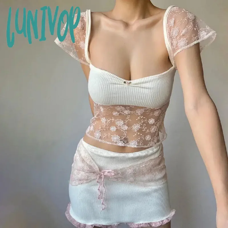 Lunivop Sexy Lace Patchwork Aesthetic Kawaii Sweet T Shirt Women 2024 Summer Fashion Short Sleeve Crop Tops Y2K Female Streetwear