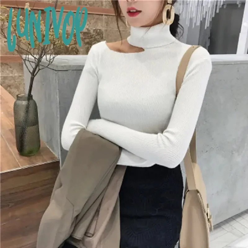 Lunivop Turtleneck Off Shoulder Long Sleeve T-shirt Women's Slim Sweater Autumn Korean Style Hollow Out Tops