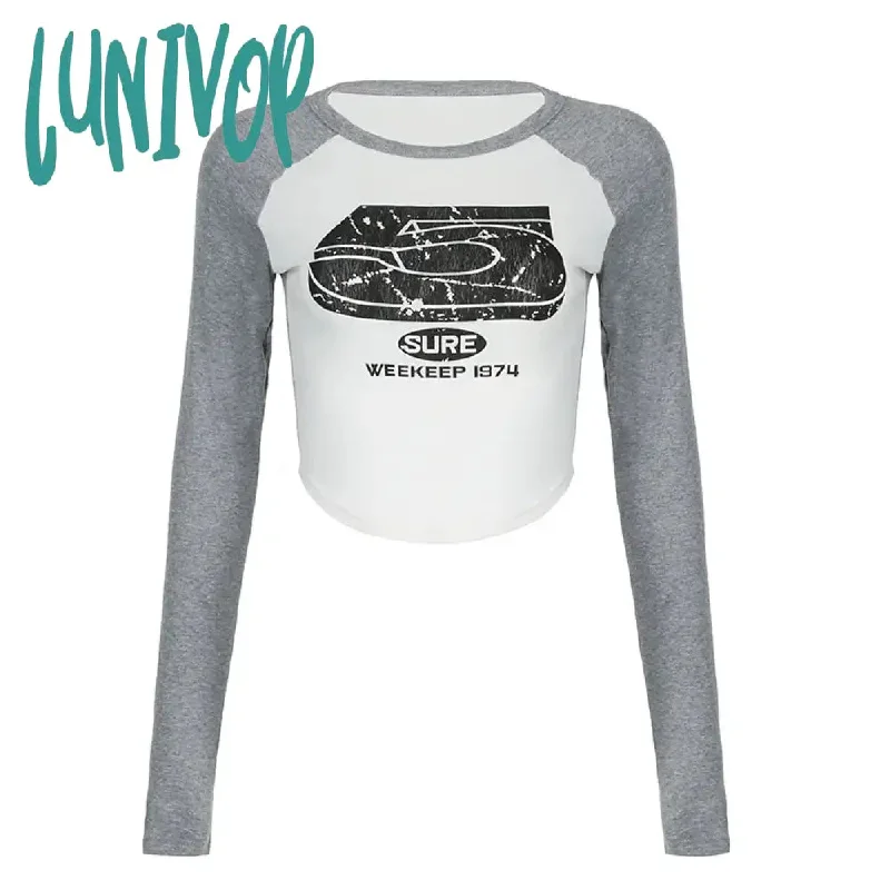 Lunivop Vintage Letter Patchwork Tshirts Autumn Y2K Fashion Harajuku Women Long Sleeve Top Korean E-girl Crop Tops Grunge Slim T Shirts