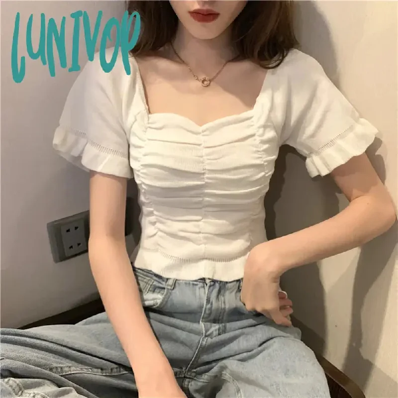 Lunivop Women T-shirt Short Sleeve Tshirt For Woman Square Collar Solid Color Pullover Top Spring Summer Folded Design Short Tops