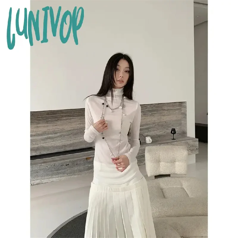 Lunivop Women's Bow T-shirt Harajuku Korean Y2k Tee Top Aesthetic Streetwear Turtleneck Long Sleeve Vintage T-shirts 2000s Clothes 2024