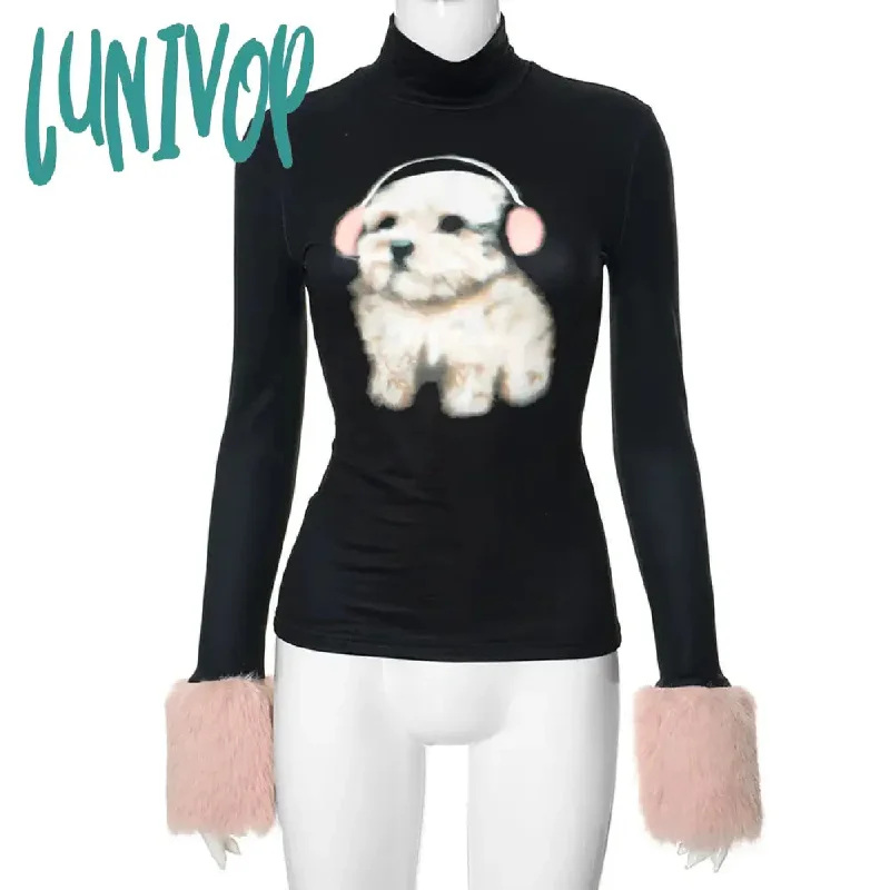 Lunivop Y2k Aesthetic Cartoon Kawaii Dog Print Crop Top Patchwork Fluffy Long Sleeve T-shirt Women O Neck Slim Grunge Tee Shirts Femme