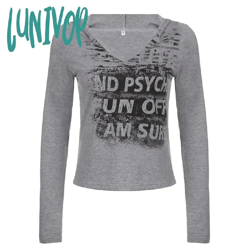 Lunivop Y2k Grunge Crop Top V Neck Grey Letter Hooded T Shirt Women Vintage Full Sleeve Aesthetic  Punk Tee