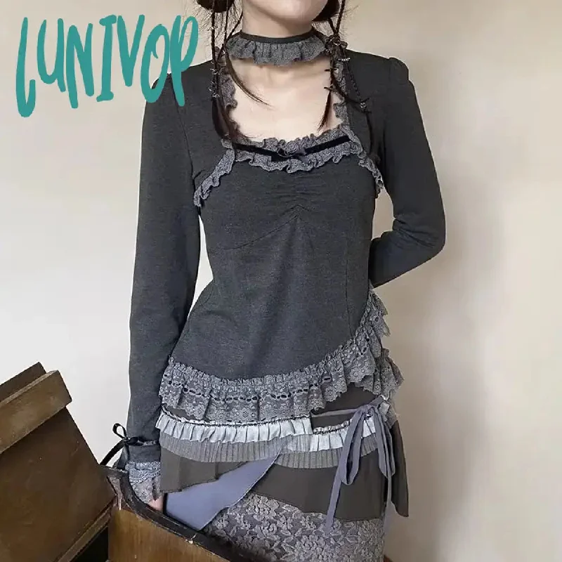 Lunivop Y2K Vintage Gray T Shirts Women Harajuku Grunge Patchwork Long Sleeve Tees Fairycore Lace Slim Crop Tops Kpop Aesthetic