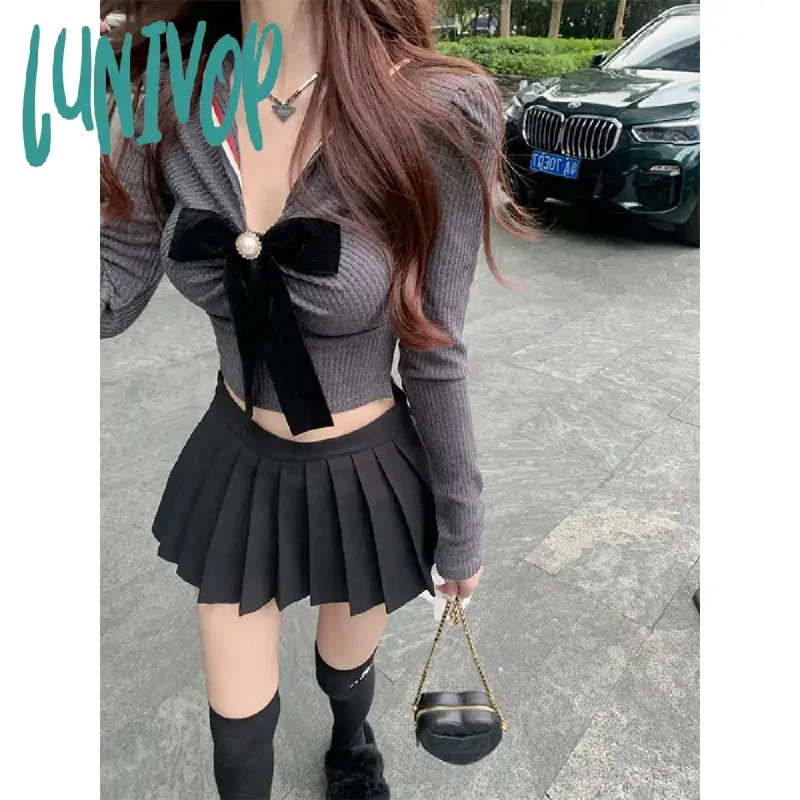 Lunivop Y2K Women Blouse Slim Sexy Sweet New Korean Fashion Bow Knitting Tops Long Sleeve T-shirts High Quality Chic Casual Harajuku Tee