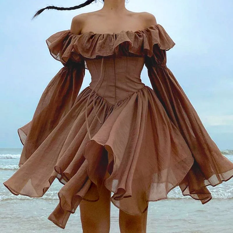 Milk Chocolate Vintage Ruffled Off Shoulder Midi Dress