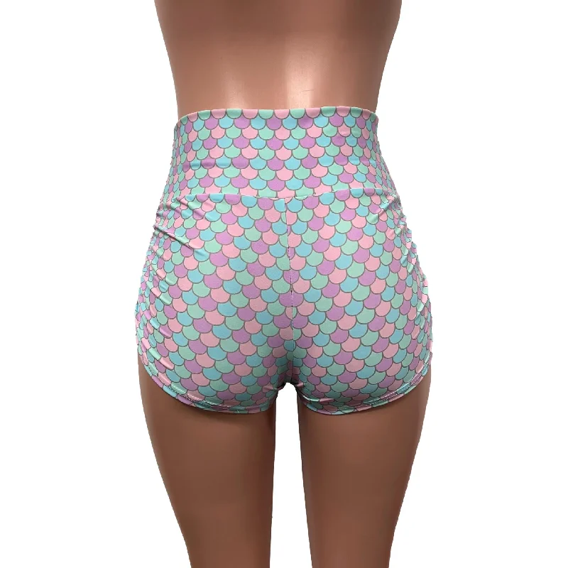 Pastel Mermaid Ruched Booty Shorts - Choose Low-Rise, Mid-Rise, Or High-Waist