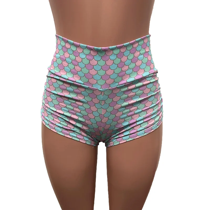 Pastel Mermaid Ruched Booty Shorts - Choose Low-Rise, Mid-Rise, Or High-Waist