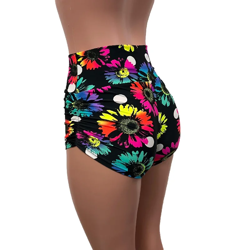 Polka Dot Electric Daisy Neon Floral Ruched Booty Shorts