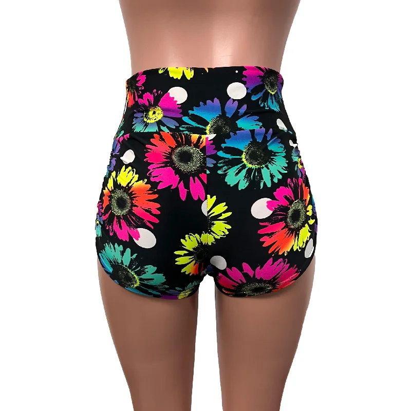 Polka Dot Electric Daisy Neon Floral Ruched Booty Shorts