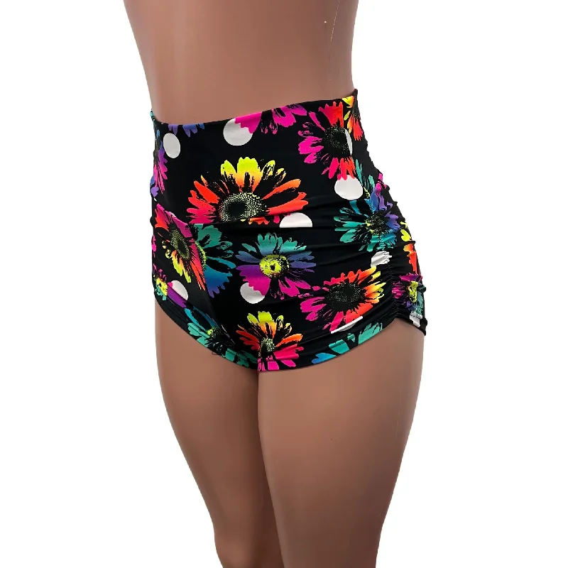 Polka Dot Electric Daisy Neon Floral Ruched Booty Shorts