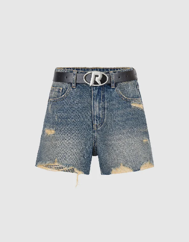 Raw Hem Denim Shorts With Belt