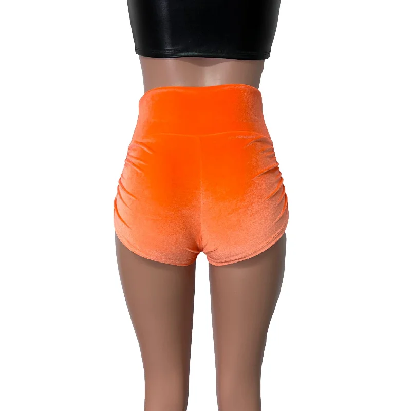 Ruched Booty Shorts - Orange Velvet Scrunch Shorts