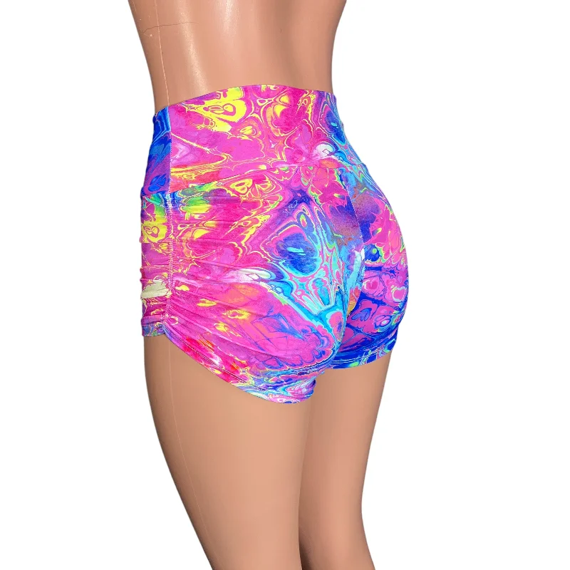 Ruched Booty Shorts - Rainbow Vapor Spandex