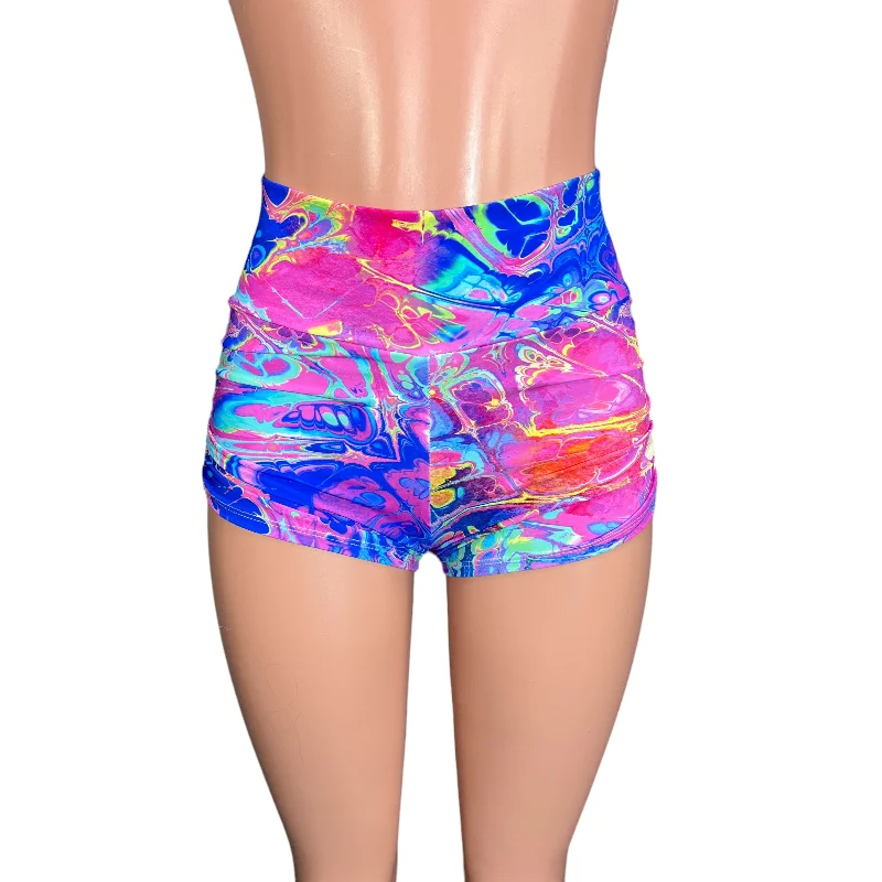 Ruched Booty Shorts - Rainbow Vapor Spandex