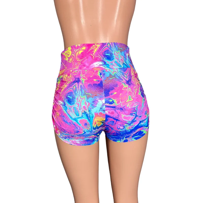 Ruched Booty Shorts - Rainbow Vapor Spandex