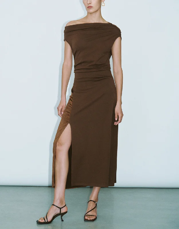 Ruched Sleeveless Off-Shoulder A-Line Dress