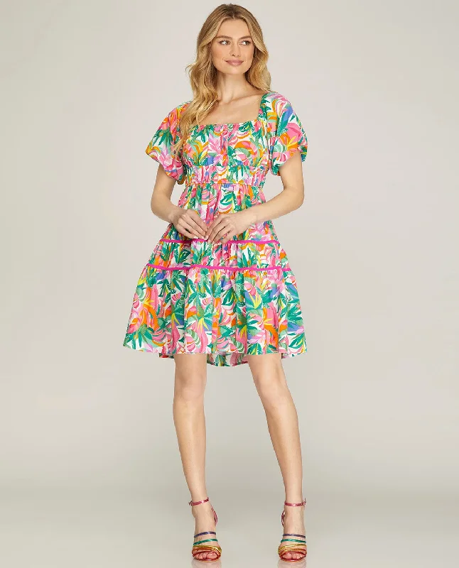 Short Sleeve Tiered Print Dress