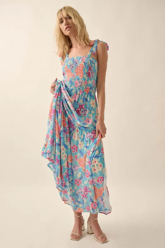 There She Grows Smocked Floral Crepe Maxi Dress