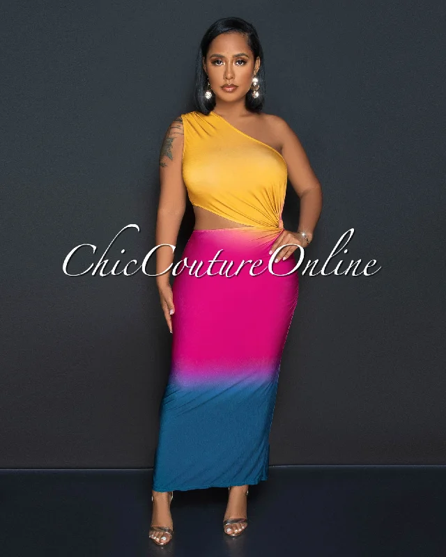 Ulicia Mustard Fuchsia Ombre Single Shoulder Cut-Out Midi Dress