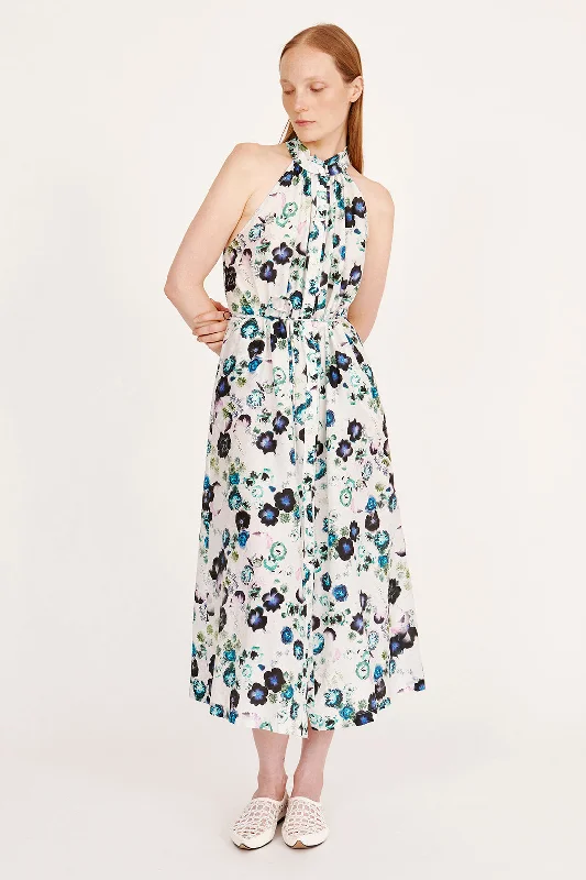 Silk Voile White Floral Halter Midi Dress