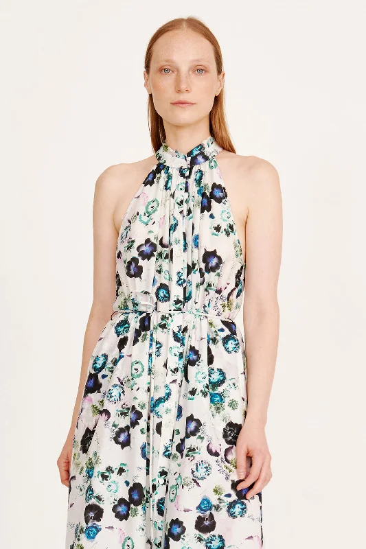 Silk Voile White Floral Halter Midi Dress