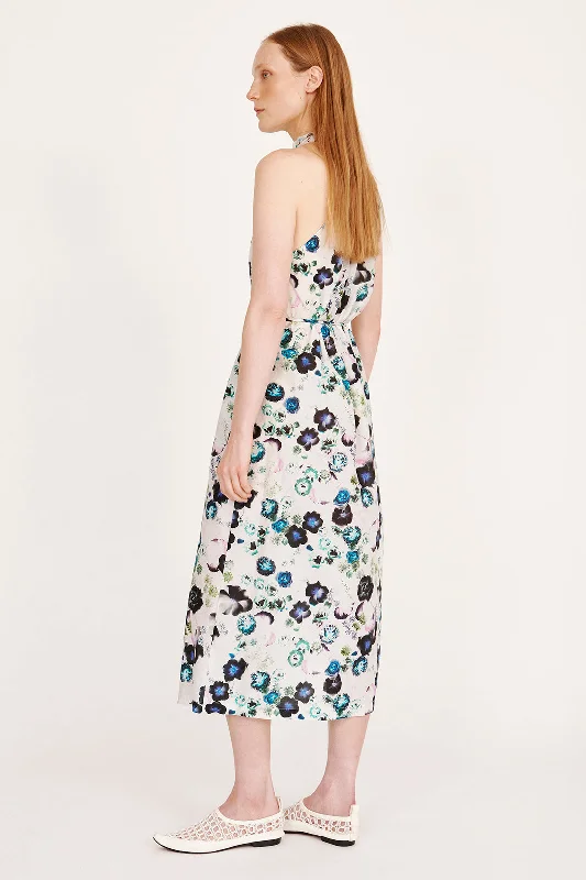 Silk Voile White Floral Halter Midi Dress