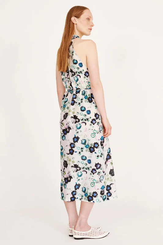 Silk Voile White Floral Halter Midi Dress