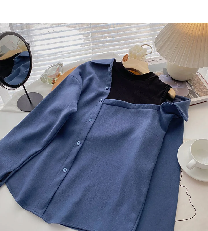 Design off shoulder stitching long sleeve Pullover Crew Neck Shirt  6334