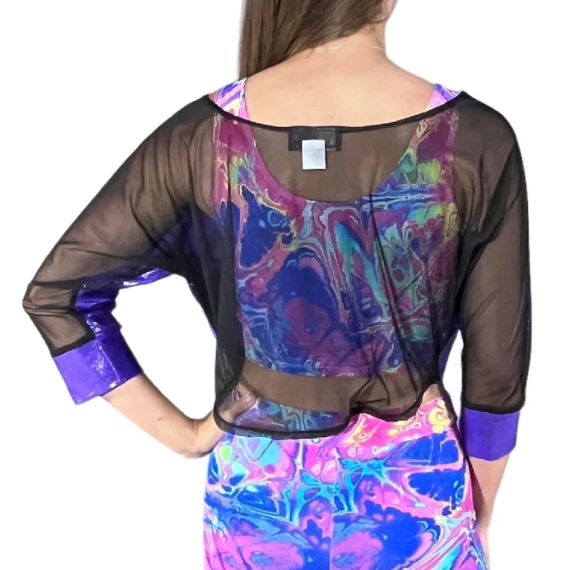 Dolman Crop Top in Black Mesh and Purple Mystique Metallic