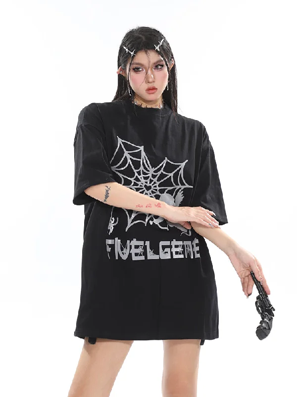 FIVELGENE Spider Web Print Reflective Short Sleeve Cropped Topp Tee Shirt