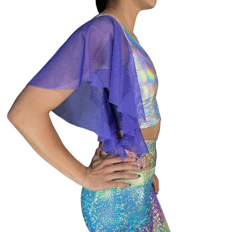 Flutter Sleeve Top Opal Holographic | Mesh Sleeve Ruffle Shirt | Holo Festival Crop Top