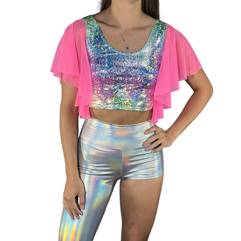 Flutter Sleeve Top Rainbow Avatar Holo | Mesh Sleeve Ruffle Shirt | Holographic Festival Crop Top