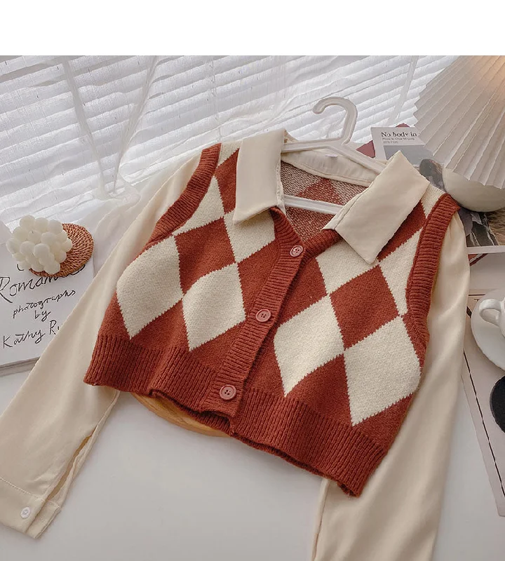 Korean retro Hong Kong style knitted Plaid stitched long sleeves  6339