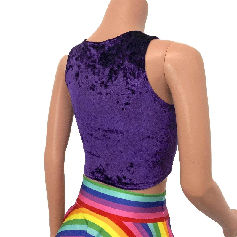 Lace-Up Crop Top - Purple Crushed Velvet & Rainbow