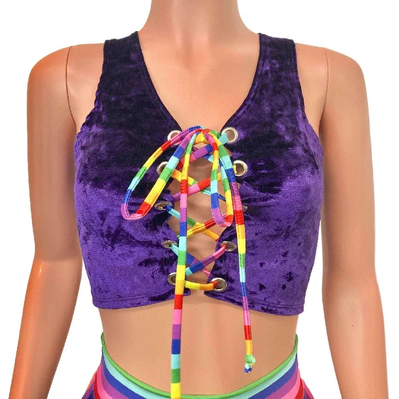 Lace-Up Crop Top - Purple Crushed Velvet & Rainbow