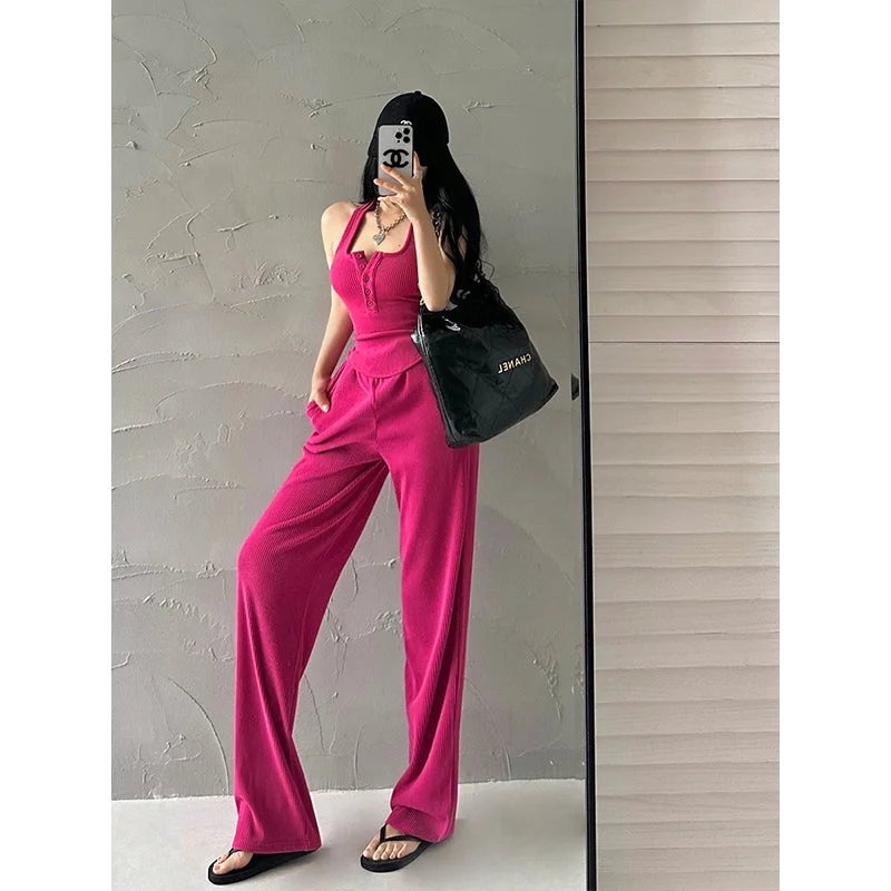 Lia Solid Color Square Neck Wide Strap Ribbed Top + High Waist Straight Leg Pants Matching Set