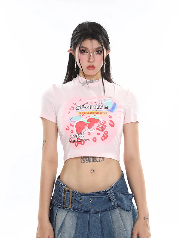 Lilia Sweet Strawberry Cartoon Image Print Short Sleeve Slim Cropped Top